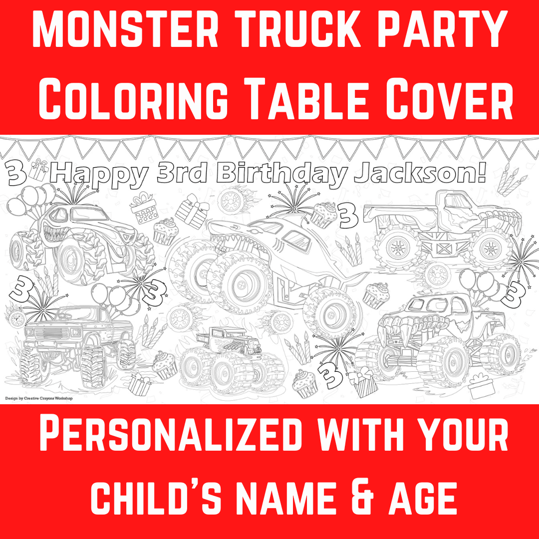 Monster Truck Birthday Coloring Activity Table Cover | Amazing Pinatas