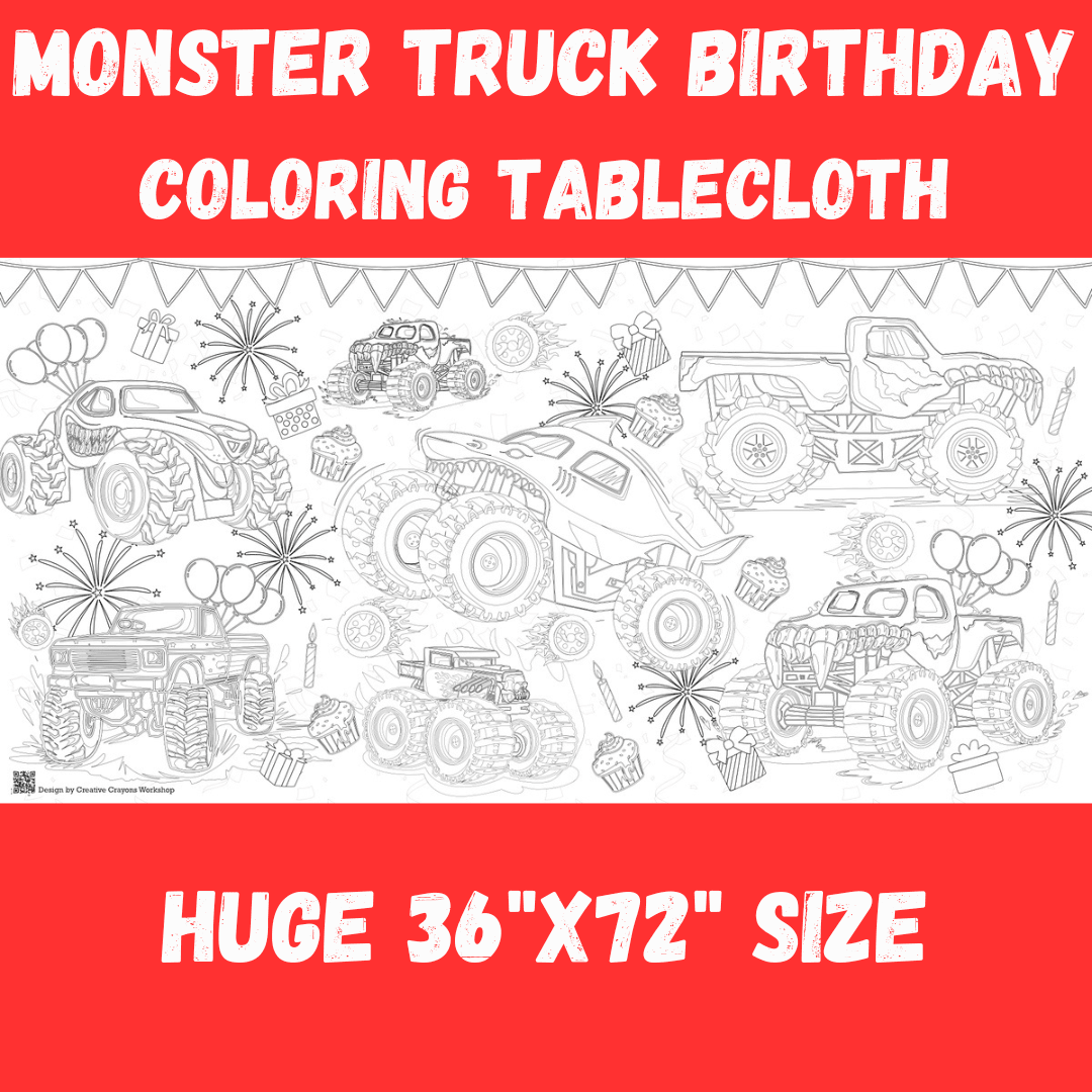 Monster Truck Birthday Coloring Activity Table Cover | Amazing Pinatas