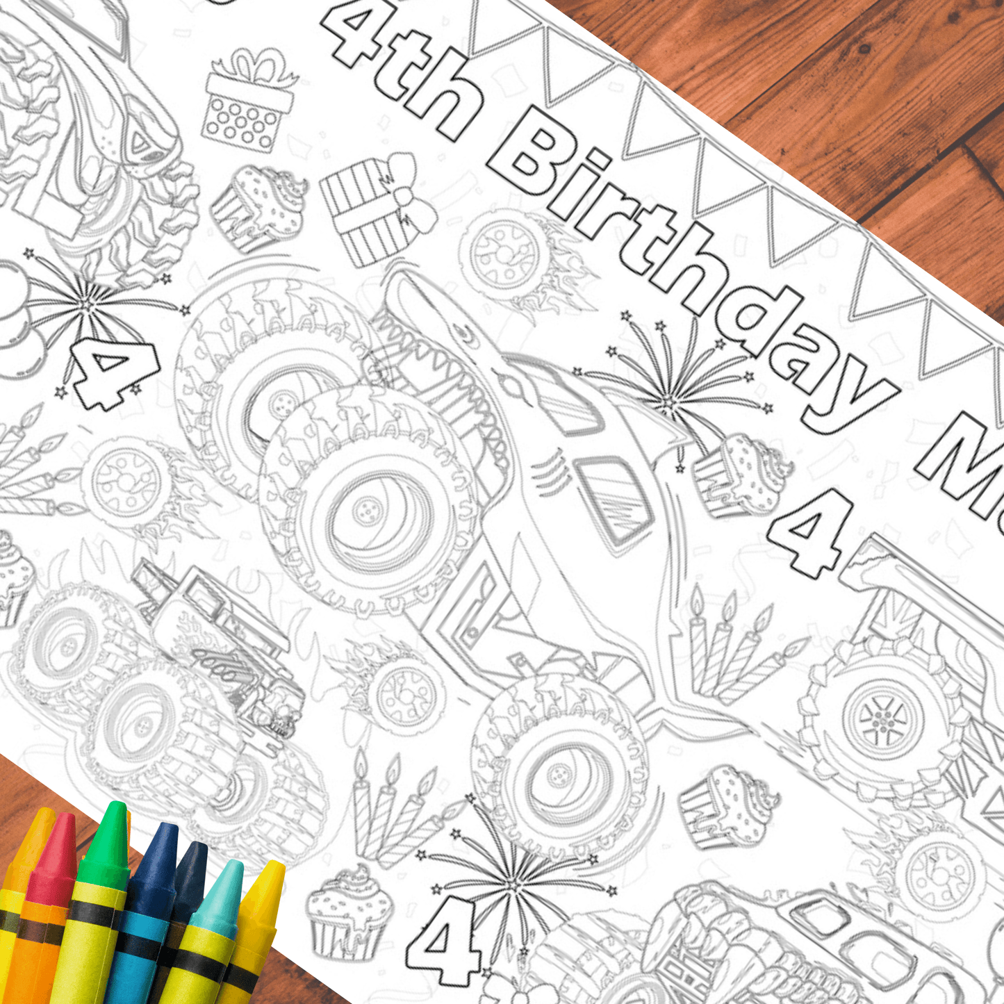 Monster Truck Birthday Coloring Activity Table Cover | Amazing Pinatas
