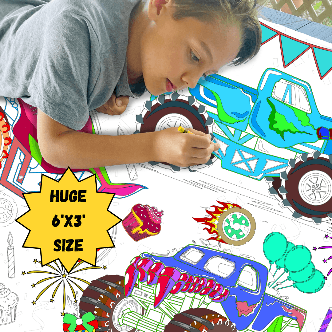 Monster Truck Birthday Coloring Activity Table Cover | Amazing Pinatas