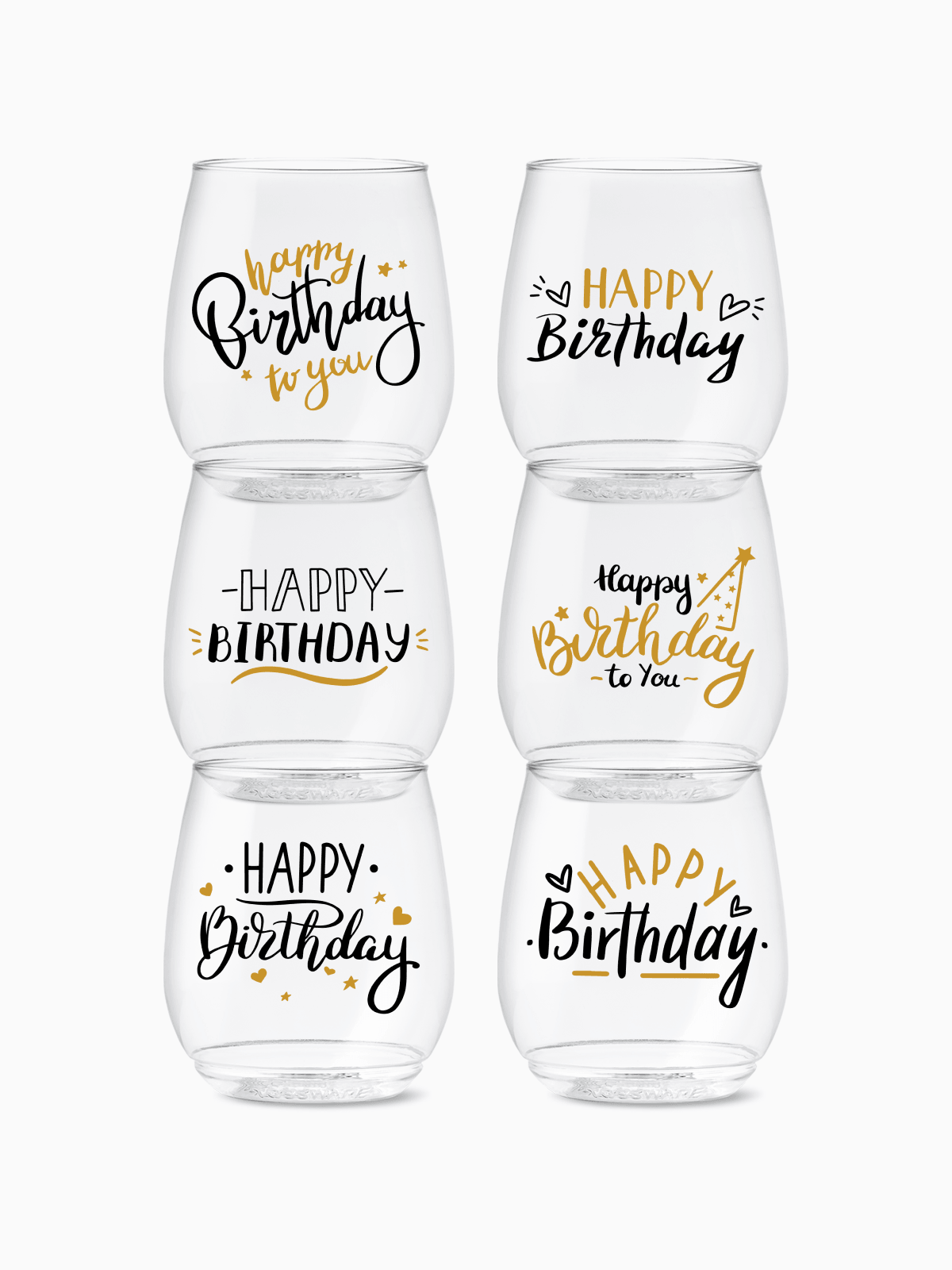 TOSSWARE POP 14oz Vino Golden Birthday Series, SET OF 6, Premium Quality, Recyclable, Unbreakable & Crystal Clear Plastic Printed Glasses