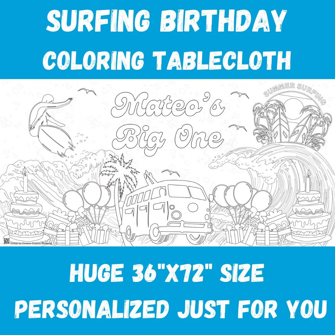 Surfing Birthday Coloring Activity Table Cover | Amazing Pinatas