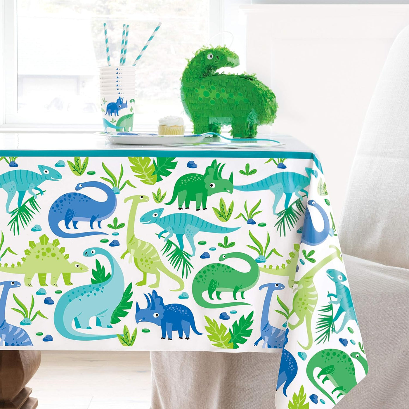 Blue & Green Dinosaur Birthday Party Table Cover - Amazing Pinatas 