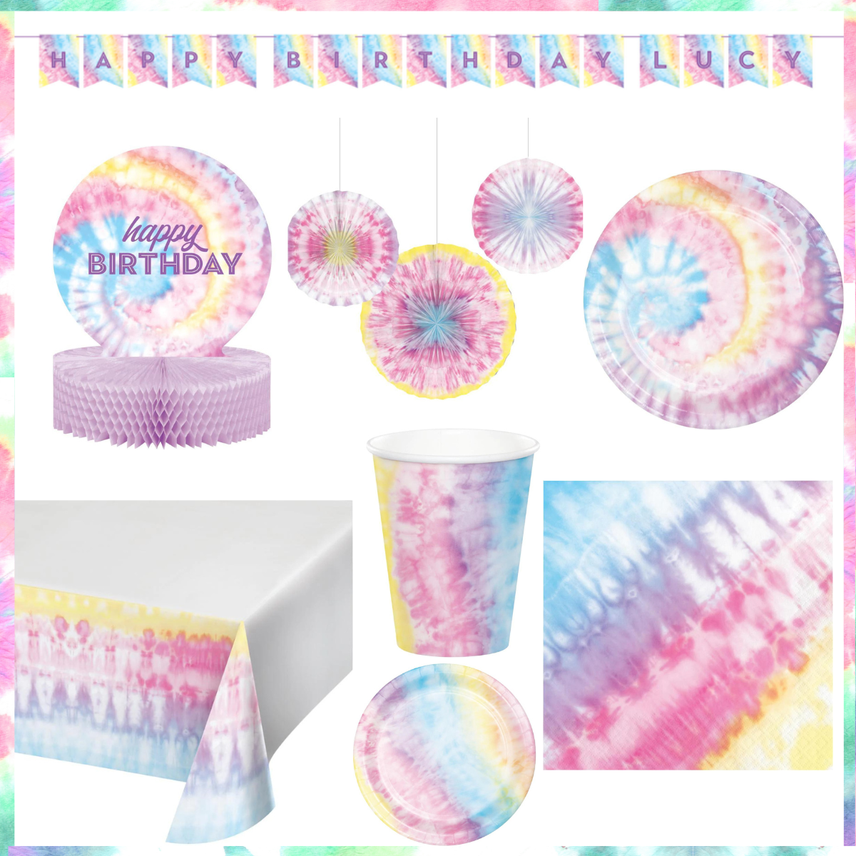 Tie Dye Birthday Party Kit for 8 (46 Total Items)