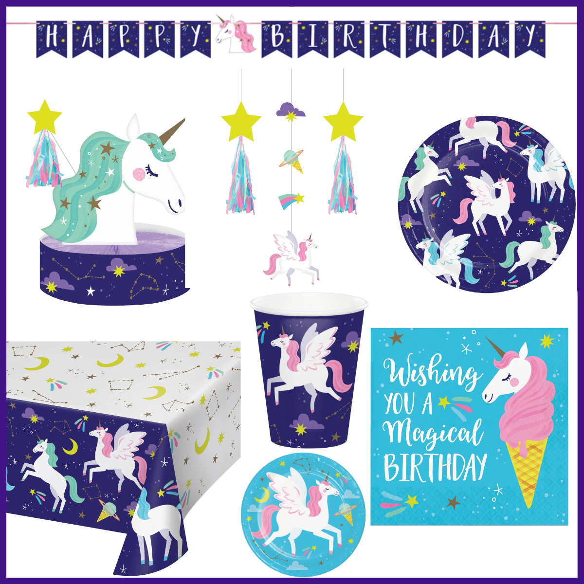 Unicorn Galaxy Birthday Party Kit for 8 (46 Total Items)