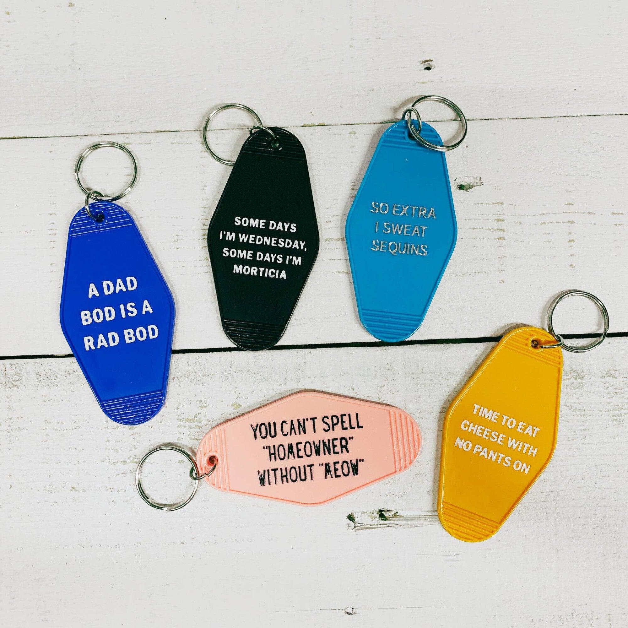 A Dad Bod is a Rad Bod Motel Style Keychain in Blue | Body Positivity Themed Funny Key Tag | Gift for Him | Amazing Pinatas 