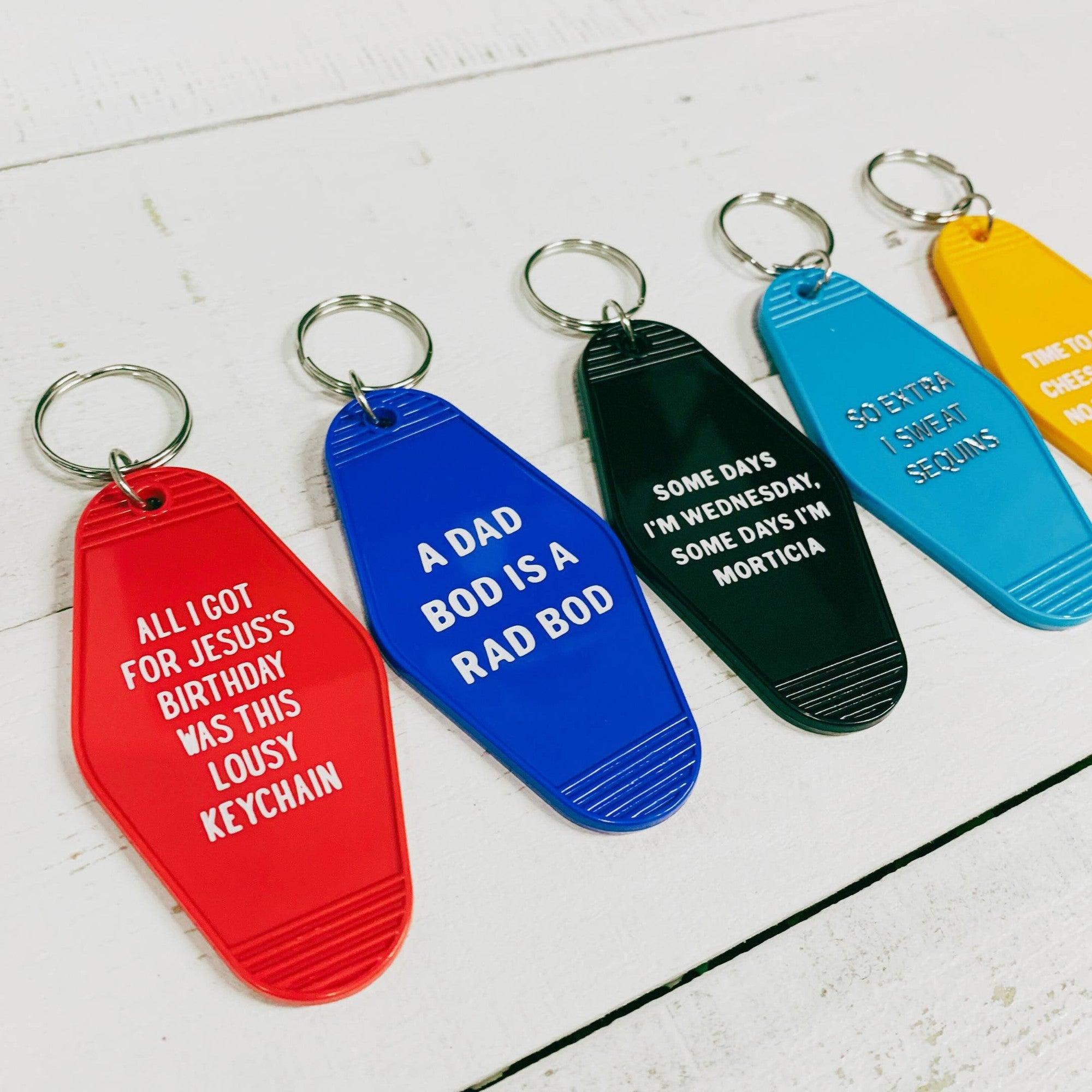 A Dad Bod is a Rad Bod Motel Style Keychain in Blue | Body Positivity Themed Funny Key Tag | Gift for Him | Amazing Pinatas 