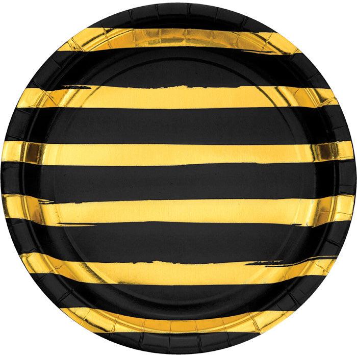 Black And Gold Foil Striped Paper Plates, 8 ct | Amazing Pinatas 