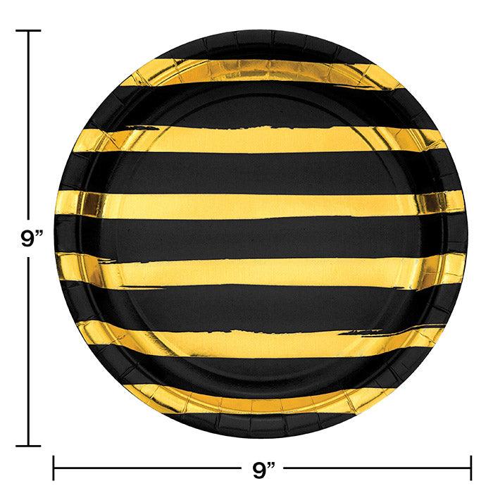 Black And Gold Foil Striped Paper Plates, 8 ct | Amazing Pinatas 