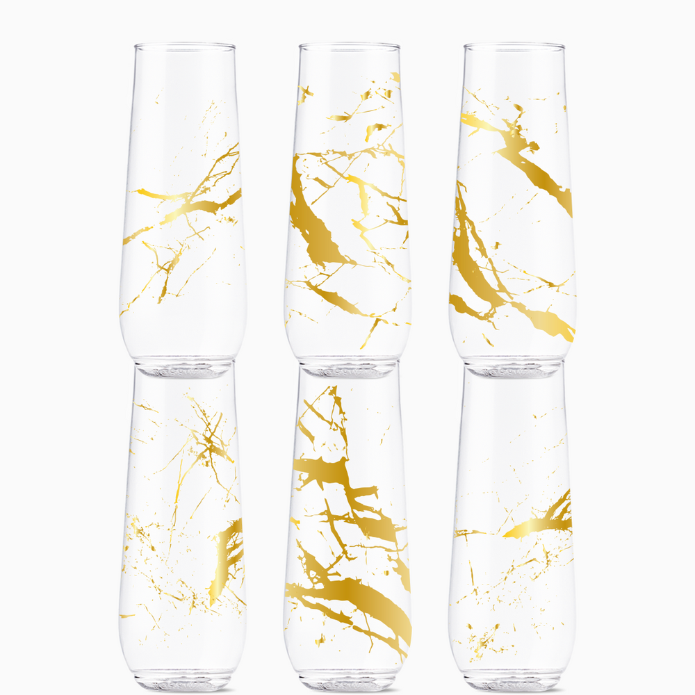 Flute Glasses Set 9oz | Gold Foil Marble | Amazing Pinatas 