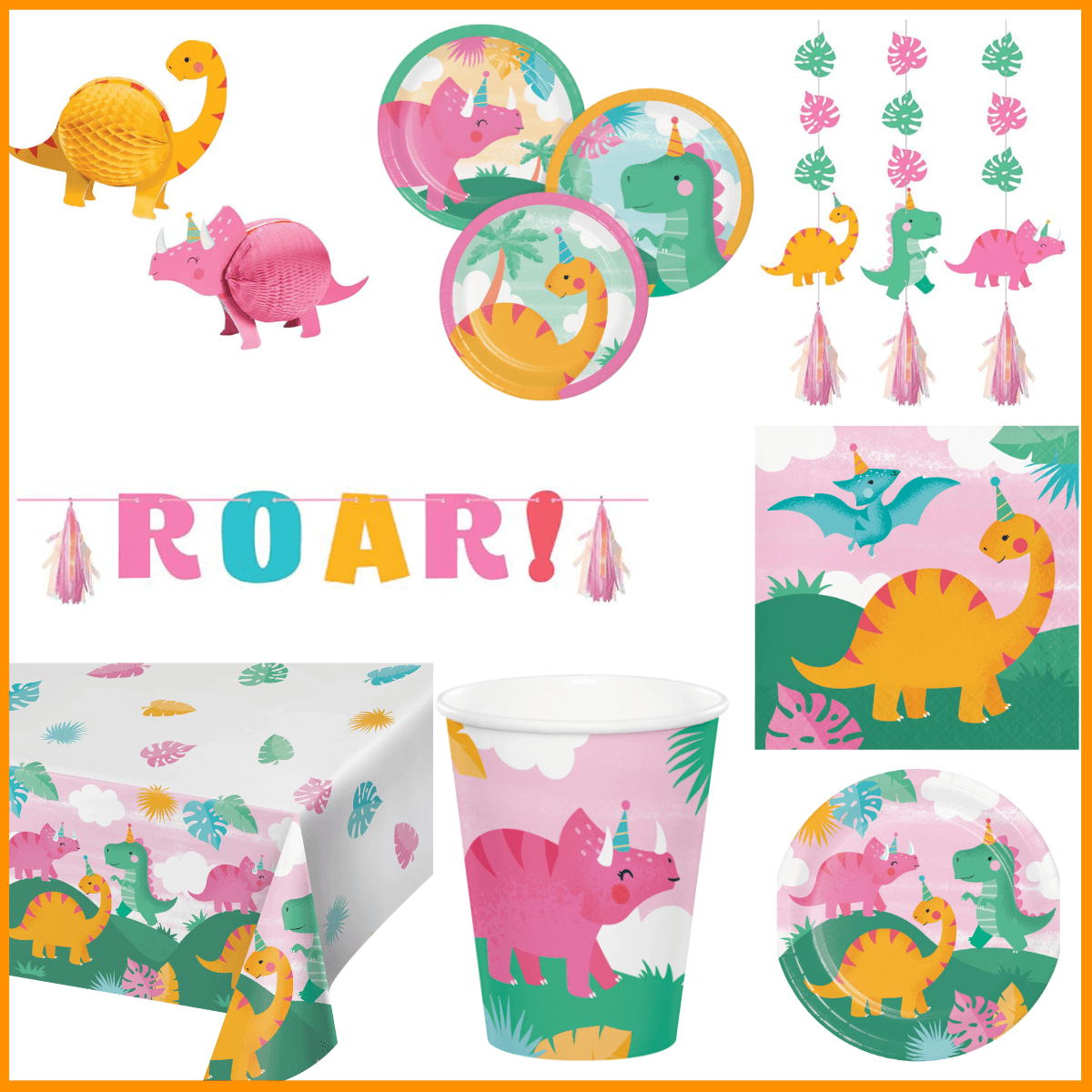 Girl Dino Birthday Party Kit for 8 (47 Total Items) | Amazing Pinatas 