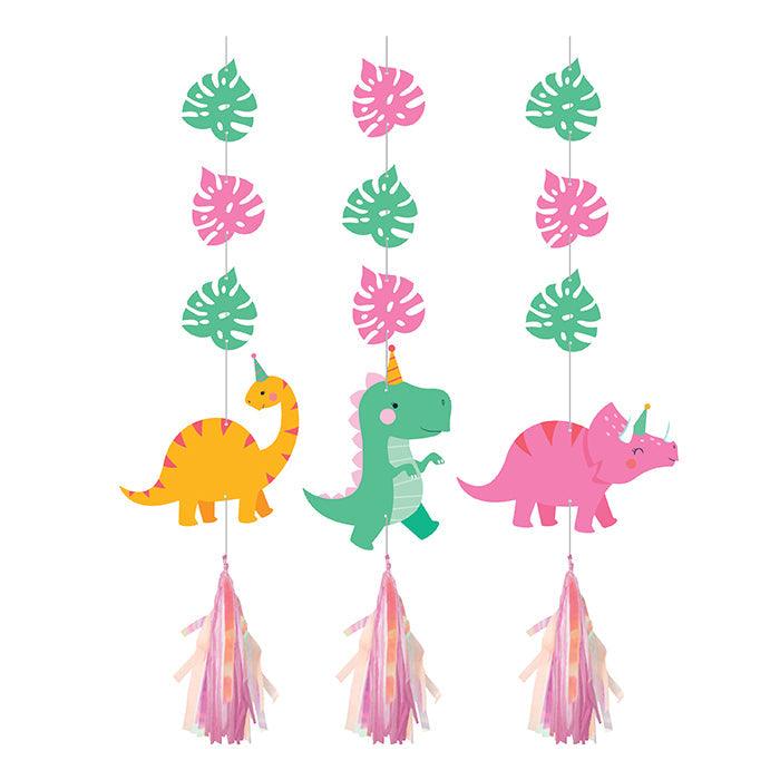 Girl Dino Party Hanging Cutouts W/ Tassles, Iridescent 3ct | Amazing Pinatas 