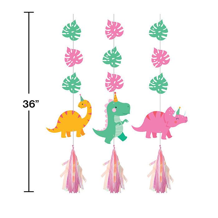 Girl Dino Party Hanging Cutouts W/ Tassles, Iridescent 3ct | Amazing Pinatas 