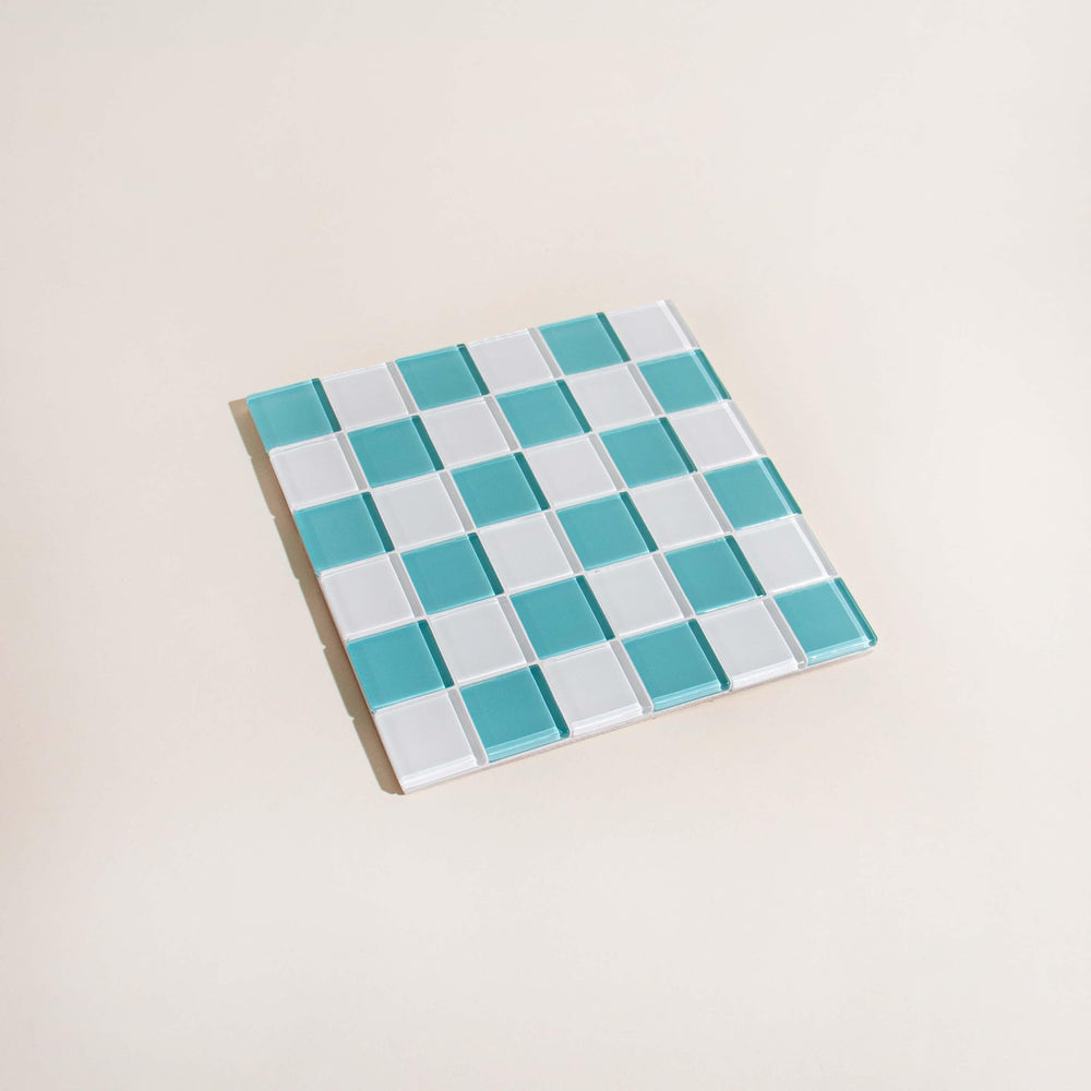 
                  
                    GLASS TILE DECORATIVE TRAY - Teal & White Checkered | Amazing Pinatas 
                  
                