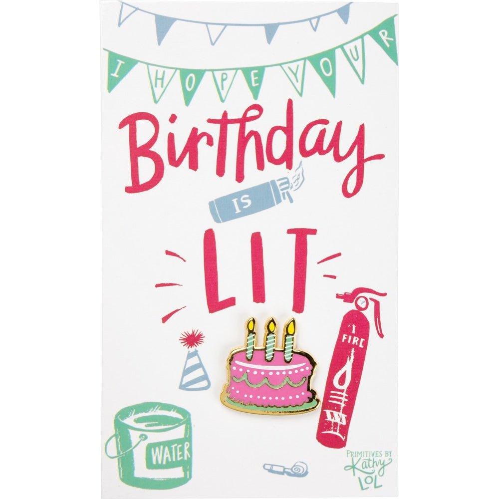 I Hope Your Birthday Is Lit Cake Enamel Pin on Gift Card | Amazing Pinatas 