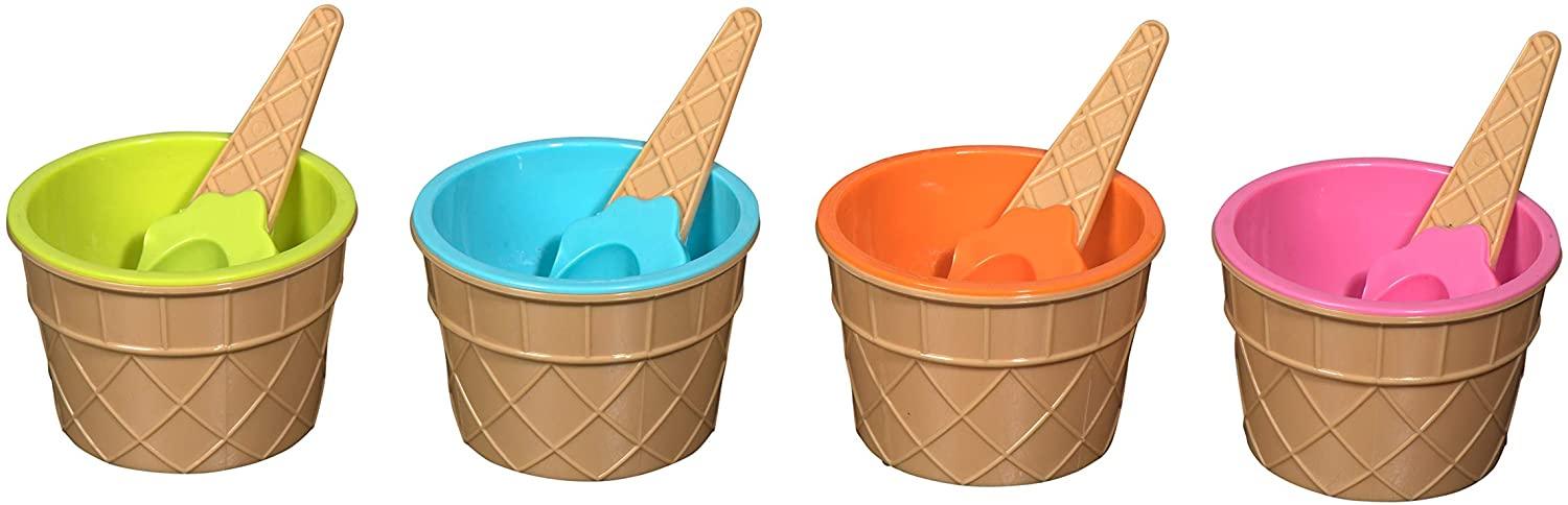 Ice Cream Bowls And Spoons - 2 Orange 2 Pink 2 Light Green 2 Sky Blue | Amazing Pinatas 