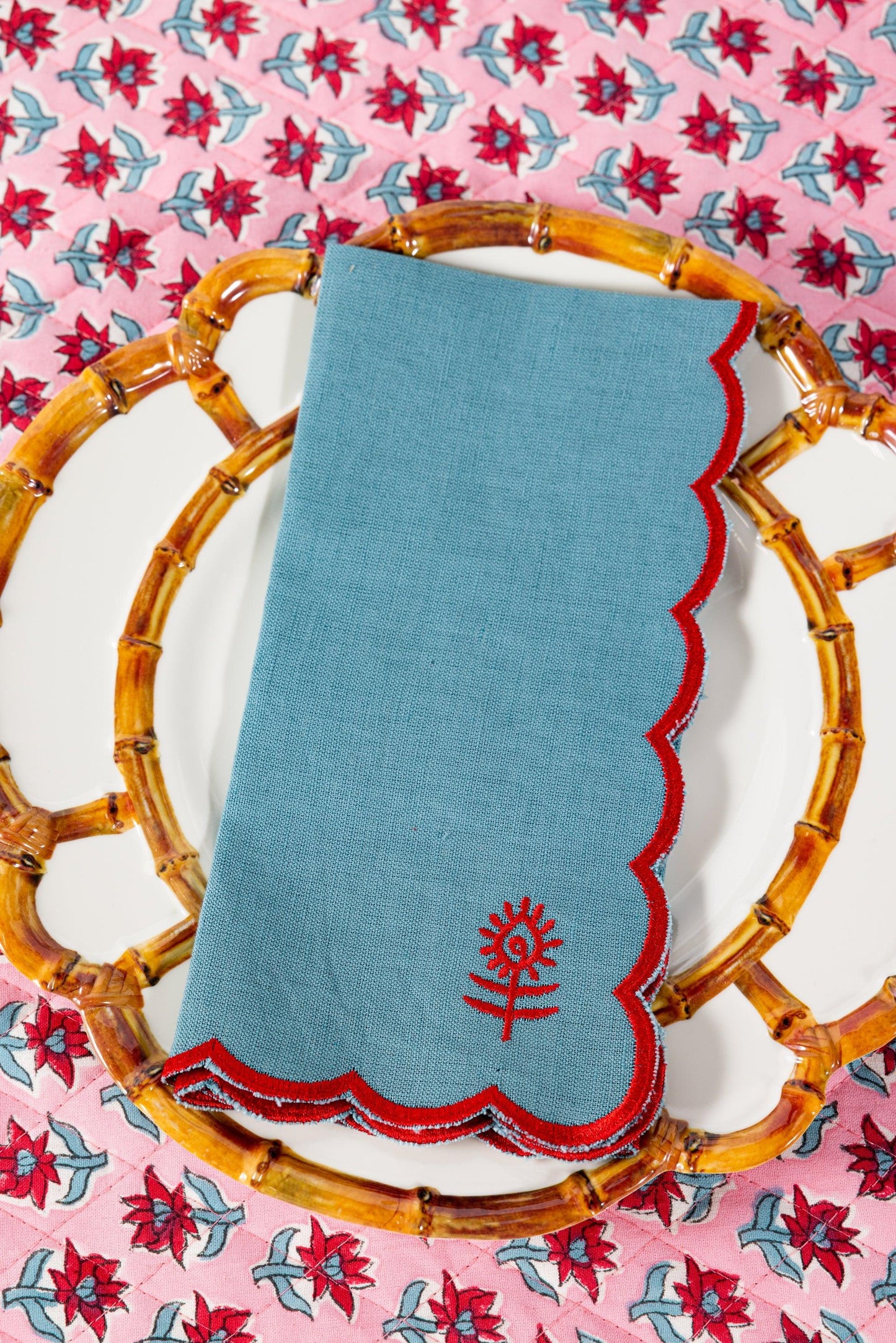 Icon Linen Napkins S/4 - Aqua + Cherry