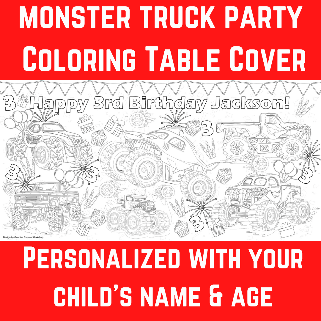 Monster Truck Birthday Coloring Activity Table Cover | Amazing Pinatas 