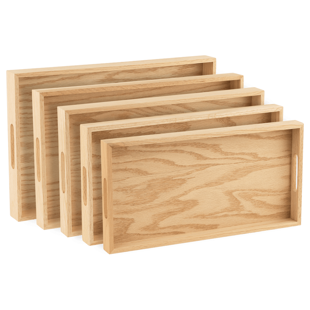 
                  
                    Oak Wood Nested Serving Trays Five Piece Set of Rectangular Quality Wooden Trays with Cut Out Handles | Amazing Pinatas 
                  
                