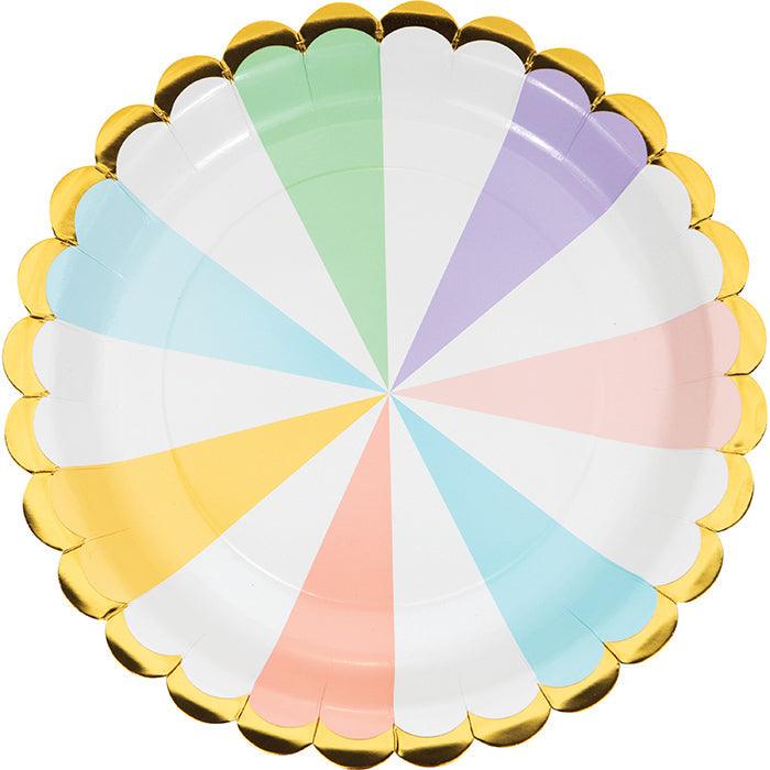 Pastel Celebrations Dinner Plate, Scallop Shaped, Foil 8ct | Amazing Pinatas 