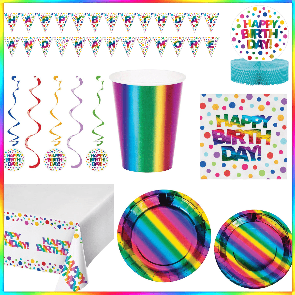 Rainbow Foil Birthday Party Kit for 8 (48 Total Items) | Amazing Pinatas 