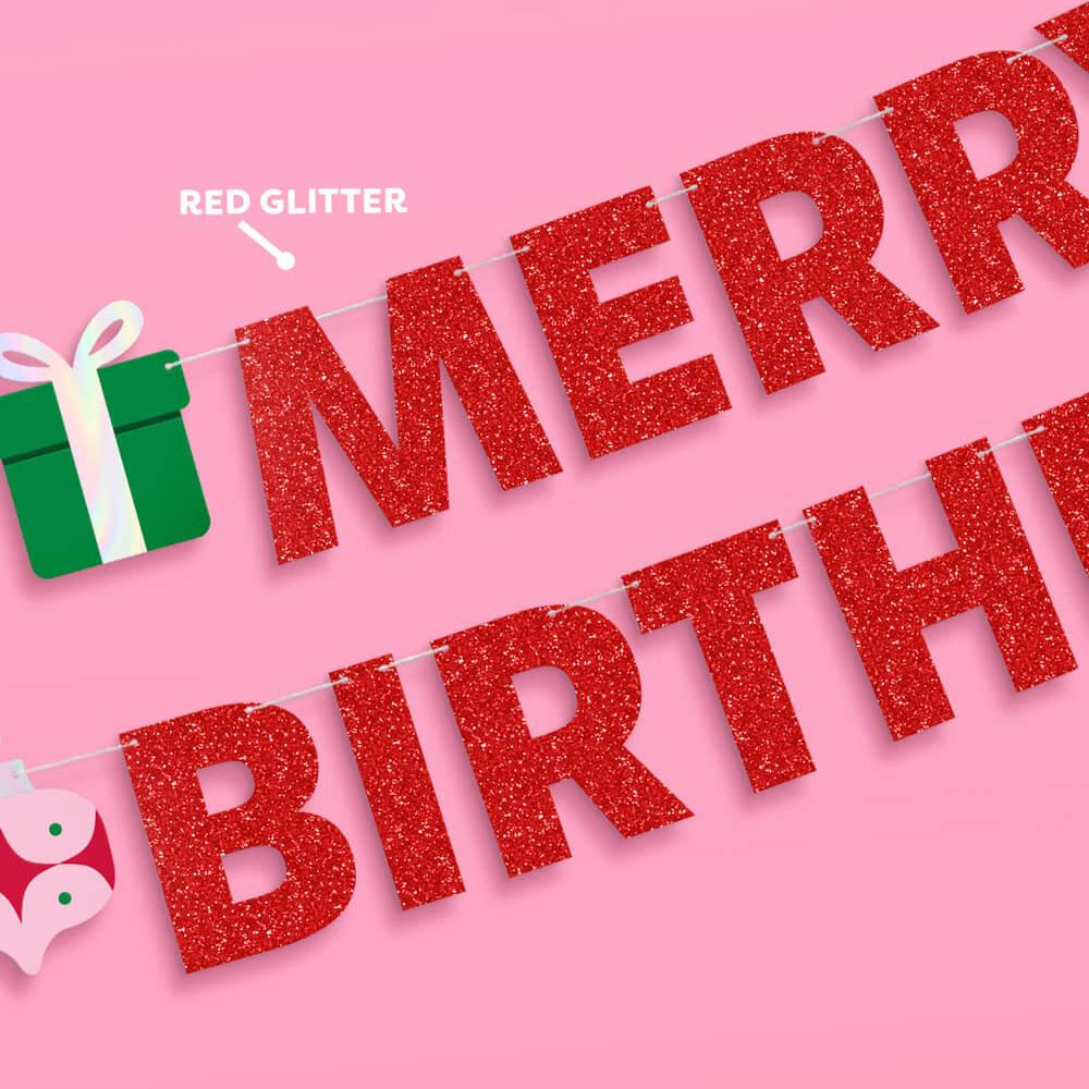 Merry Bday Banner - red glitter banner