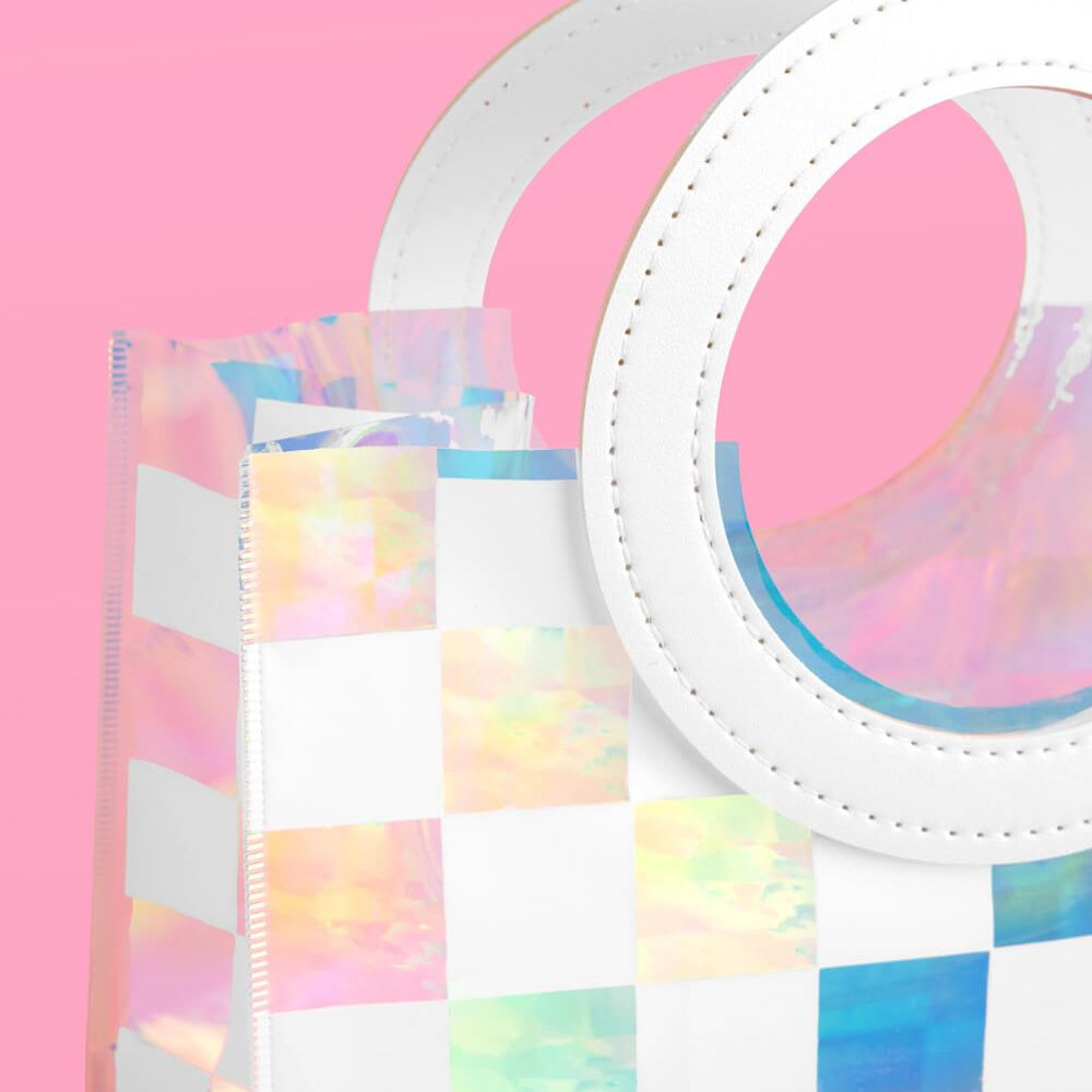 
                  
                    Checked Out Bags - 6 white + clear iridescent bags
                  
                