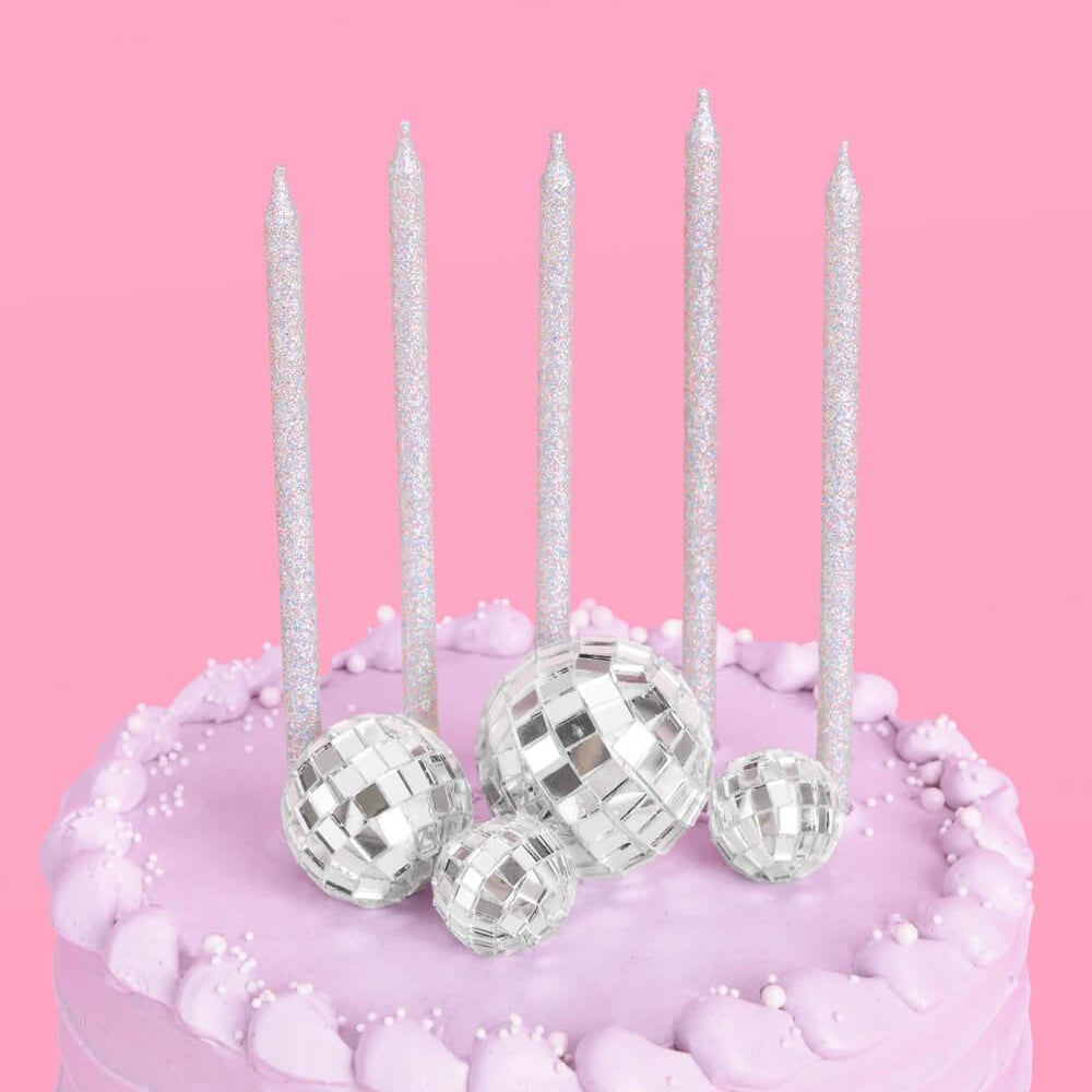 Disco + Iridescent Candle Cake Topper - candles + disco ball cake toppers