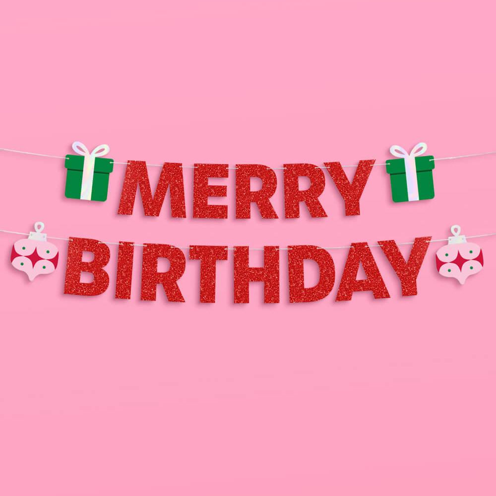 Merry Bday Banner - red glitter banner