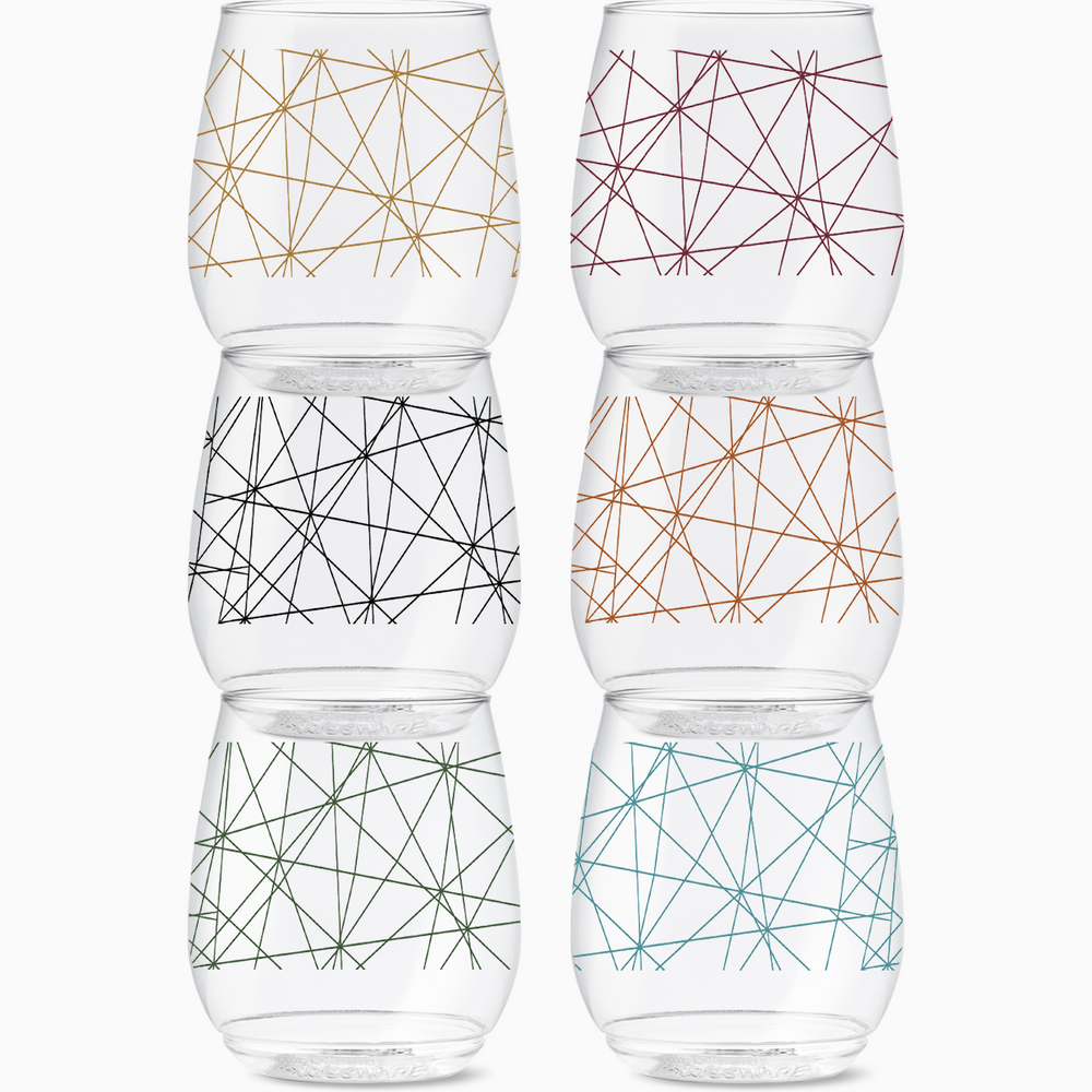 Stemless Wine Glasses Set 14oz | Abstract Lines | Amazing Pinatas 