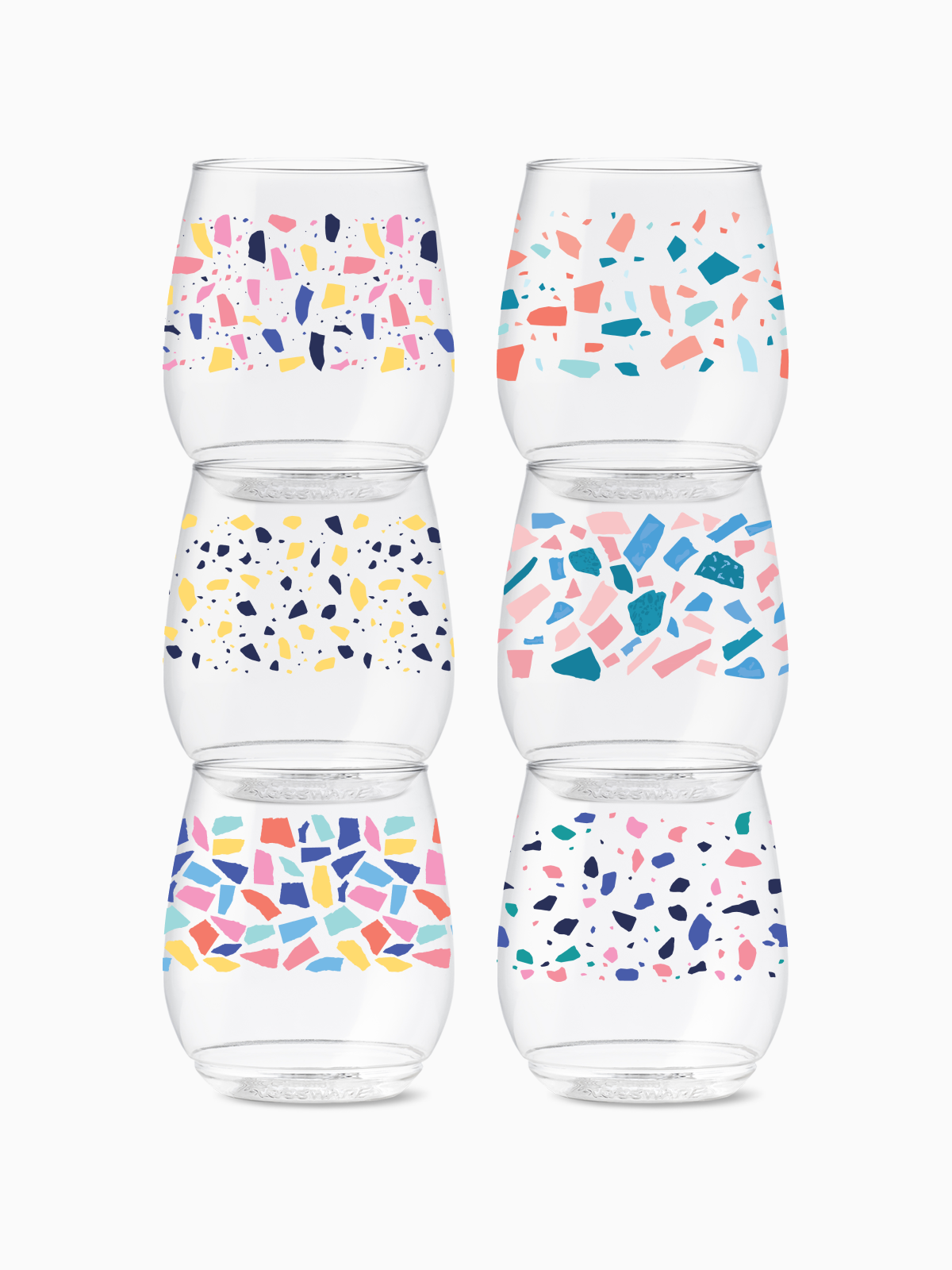 Stemless Wine Glasses Set 14oz | Colorful Terrazzo | Amazing Pinatas 