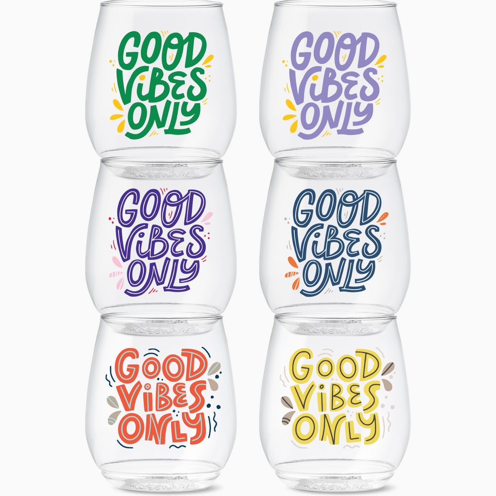 Stemless Wine Glasses Set 14oz | Good Vibes Only | Amazing Pinatas 