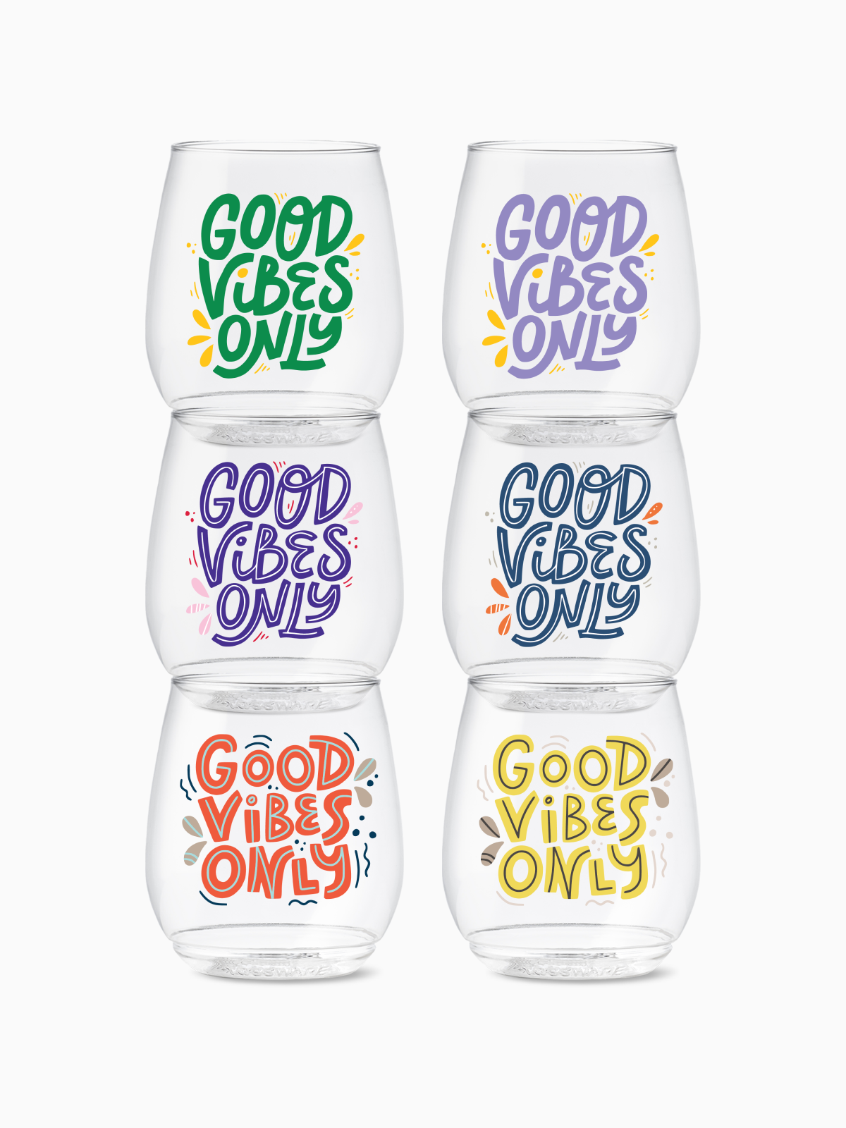 Stemless Wine Glasses Set 14oz | Good Vibes Only | Amazing Pinatas 