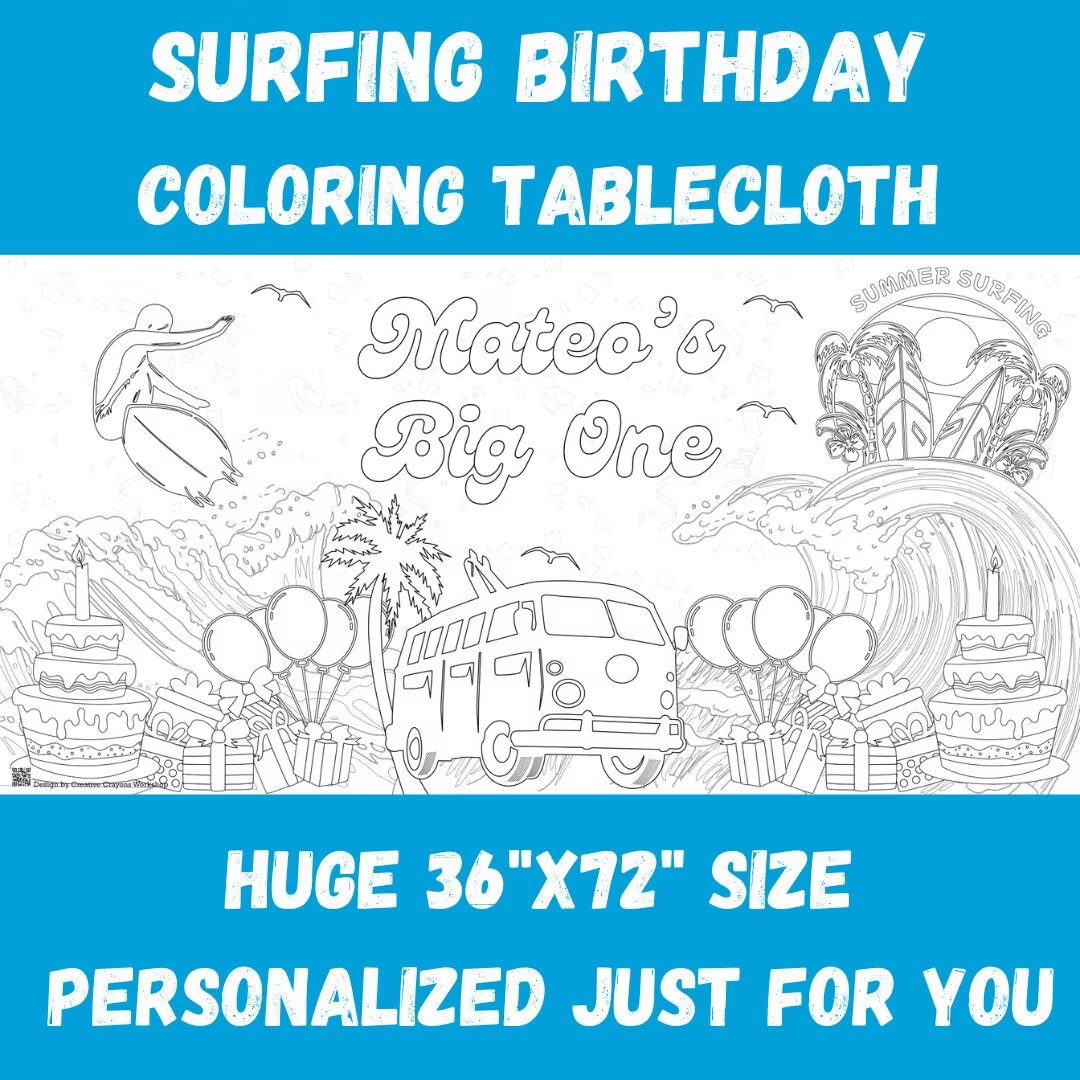 Surfing Birthday Coloring Activity Table Cover | Amazing Pinatas 